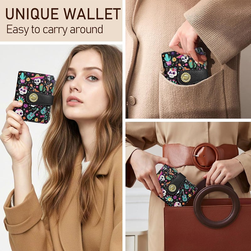 Kelvoris Skull Small Rfid Women Wallet Bifold Zipper Coin Pocket PU Leather Compact Cash Credit Card Holder Travel Wallet for Female Ladies Teen Girls 1 ID Window 10 Card Slots Day of The Dead - Image 2